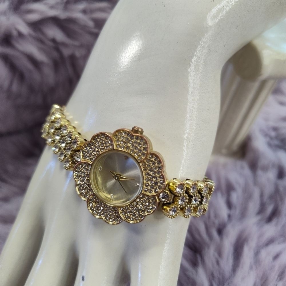 Charter Club Gold Floral Rhinestone Watch 8 Inch - Picture 2 of 9